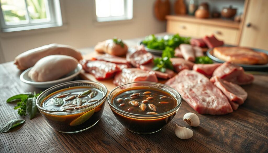 A large, rustic wooden table set with various marinades, herbs, and spices for preparing different cuts of meat. In the foreground, a bowl of dark, thick marinade with aromatic bay leaves, peppercorns, and garlic cloves. In the middle ground, a variety of meat cuts, such as chicken, beef, and pork, positioned alongside the marinade. The background features a simple, minimalist kitchen setting with natural lighting filtering through a window, casting a warm, inviting glow over the scene. The overall mood is one of culinary preparation and the versatility of a single marinade to enhance diverse meats. A large, rustic wooden table set with various marinades, herbs, and spices for preparing different cuts of meat. In the foreground, a bowl of dark, thick marinade with aromatic bay leaves, peppercorns, and garlic cloves. In the middle ground, a variety of meat cuts, such as chicken, beef, and pork, positioned alongside the marinade. The background features a simple, minimalist kitchen setting with natural lighting filtering through a window, casting a warm, inviting glow over the scene. The overall mood is one of culinary preparation and the versatility of a single marinade to enhance diverse meats.