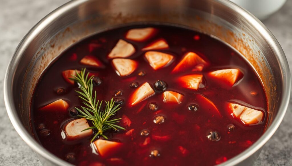 A large stainless steel bowl filled with a rich, aromatic marinade, its deep burgundy hue glistening under warm, soft lighting. Chunks of fresh garlic, sprigs of rosemary, and whole peppercorns float in the fragrant liquid, ready to infuse the meat with incredible flavor. The bowl is set against a clean, neutral background, allowing the marinade to be the focal point, inviting the viewer to imagine the tender, juicy meat about to be transformed by this carefully crafted preparation.