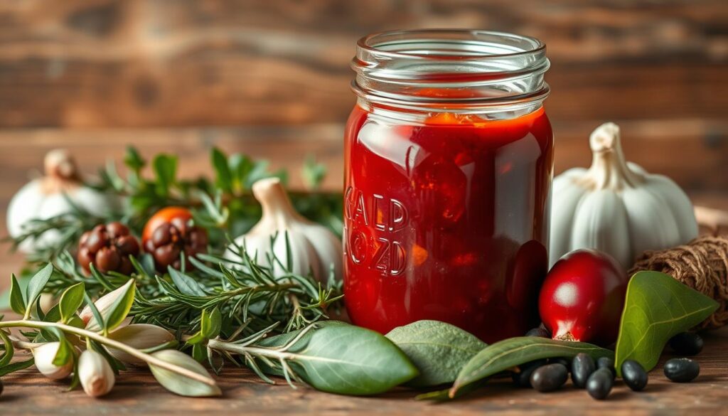 A meticulously arranged still life showcasing the essential ingredients for a rabbit marinade. In the foreground, an array of fresh herbs - rosemary, thyme, and bay leaves - are carefully positioned. Behind them, a selection of whole garlic cloves and peppercorns add depth and complexity. In the middle ground, a glass jar filled with a rich, ruby-red marinade solution takes center stage, its surface glistening under soft, warm lighting. The background features a rustic wooden surface, lending an earthy, traditional feel to the scene. The overall composition evokes the comforting and flavorful nature of the rabbit dish, inviting the viewer to imagine the aroma and tender texture of the meat.