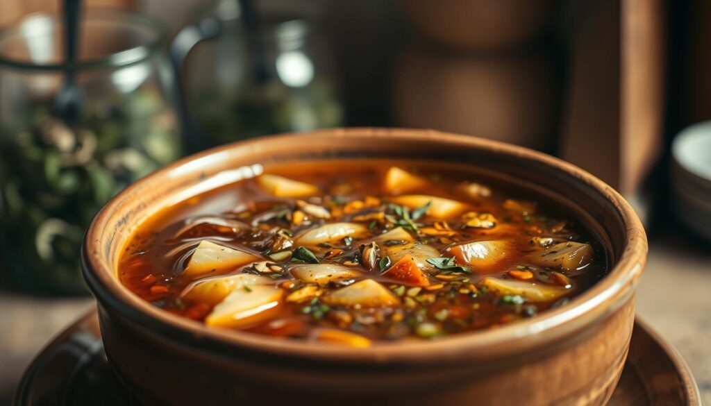 A meticulously crafted, homemade marinade for roasted goose, featuring a medley of aromatic herbs, spices, and citrus notes. The mixture is presented in an earthenware bowl, its rich, russet-colored liquid glistening invitingly. The foreground showcases the bowl in sharp focus, while the background subtly blurs, creating a sense of depth and intimacy. Warm, diffused lighting casts a gentle glow, evoking a cozy, kitchen-like ambiance. The overall composition conveys the essence of Magda Gessler's signature marinade - a harmonious blend of tradition, flavor, and homespun charm.
