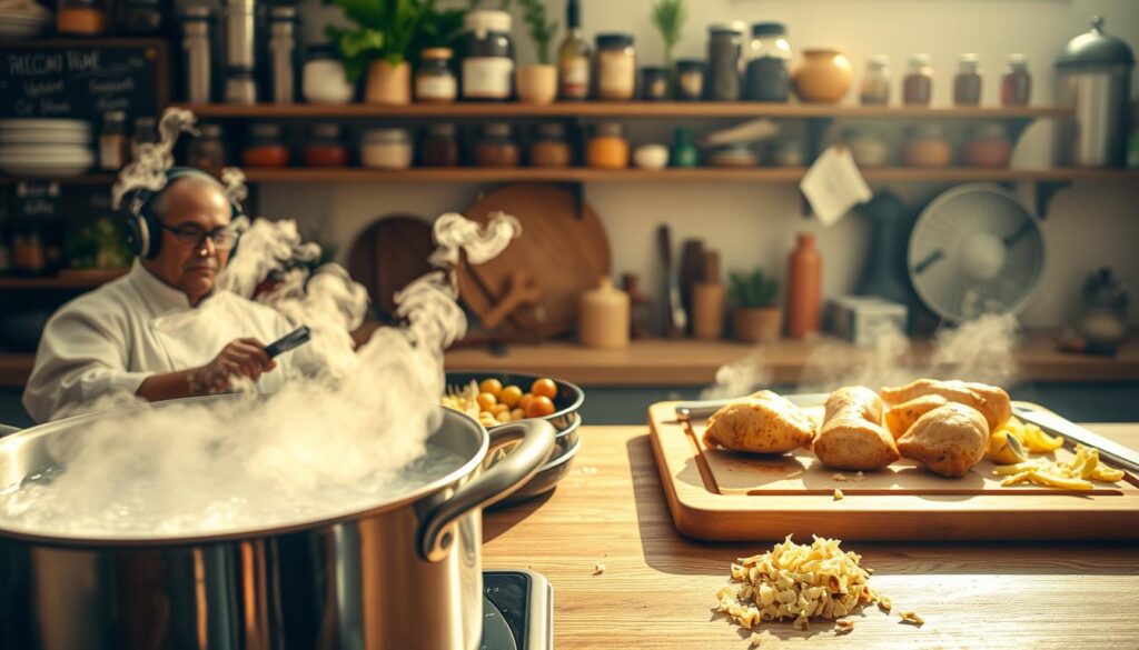 A meticulously crafted kitchen scene, with various cooking methods prominently displayed. In the foreground, a simmering pot of boiling water, steam rising gently. Alongside, a sizzling pan with chicken pieces, golden-brown and succulent. In the middle ground, a cutting board showcases different preparation techniques - dicing, slicing, and shredding. The background features shelves laden with spices, herbs, and essential cookware, all bathed in warm, natural lighting that casts subtle shadows. The overall atmosphere evokes a sense of culinary expertise and the joy of home-cooked meals. A meticulously crafted kitchen scene, with various cooking methods prominently displayed. In the foreground, a simmering pot of boiling water, steam rising gently. Alongside, a sizzling pan with chicken pieces, golden-brown and succulent. In the middle ground, a cutting board showcases different preparation techniques - dicing, slicing, and shredding. The background features shelves laden with spices, herbs, and essential cookware, all bathed in warm, natural lighting that casts subtle shadows. The overall atmosphere evokes a sense of culinary expertise and the joy of home-cooked meals.