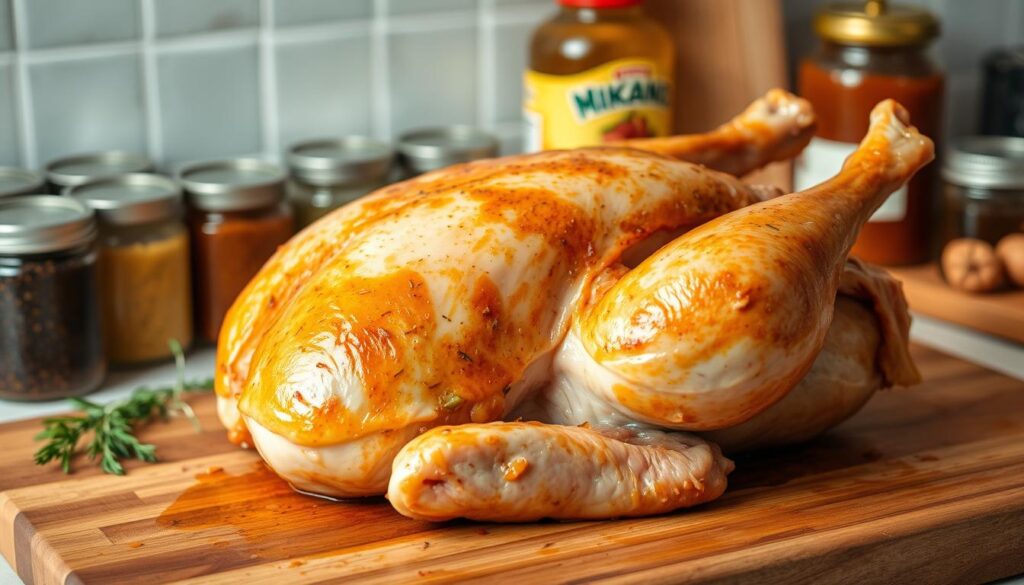 A meticulously prepared goose, its skin glistening with a rich, golden marinade, rests on a wooden cutting board. The aroma of fragrant herbs and spices wafts through the air, hinting at the deep, savory flavors to come. In the background, jars of various marinades and seasonings are neatly arranged, suggesting the care and attention given to this traditional holiday dish. Soft, diffused lighting illuminates the scene, creating a warm and inviting atmosphere. The viewer is drawn in, anticipating the tender, flavorful meat that will emerge from this carefully marinated goose, a true centerpiece for a festive gathering. A meticulously prepared goose, its skin glistening with a rich, golden marinade, rests on a wooden cutting board. The aroma of fragrant herbs and spices wafts through the air, hinting at the deep, savory flavors to come. In the background, jars of various marinades and seasonings are neatly arranged, suggesting the care and attention given to this traditional holiday dish. Soft, diffused lighting illuminates the scene, creating a warm and inviting atmosphere. The viewer is drawn in, anticipating the tender, flavorful meat that will emerge from this carefully marinated goose, a true centerpiece for a festive gathering.