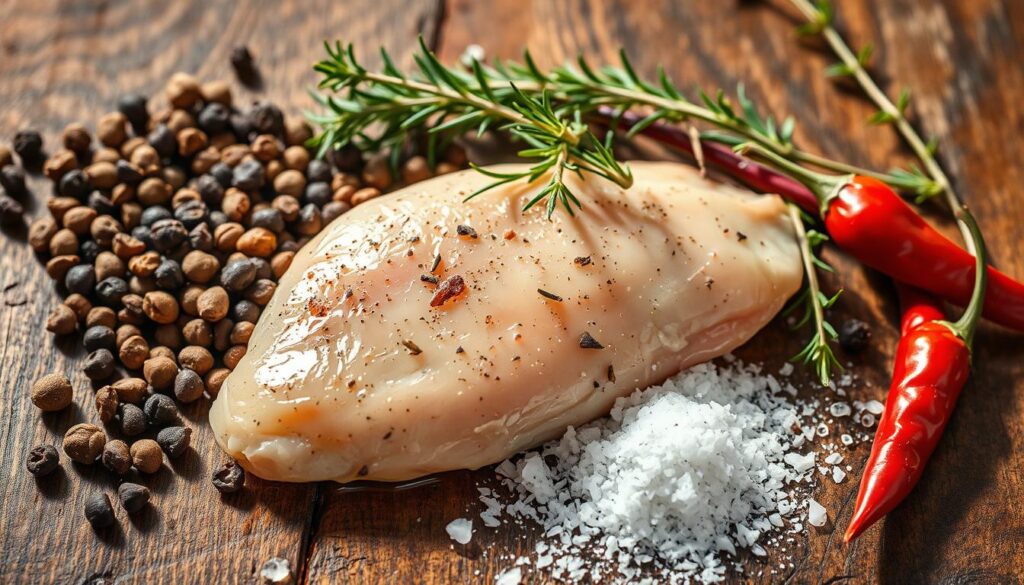A mouthwatering arrangement of spices and herbs on a rustic wooden surface, including fragrant peppercorns, aromatic thyme sprigs, vibrant red chili peppers, and coarse sea salt. The lighting is warm and natural, casting soft shadows that accentuate the textures and colors of the ingredients. The composition is balanced and visually appealing, inviting the viewer to imagine the flavorful marinade that could be created with these carefully curated spices, perfect for enhancing the juicy, tender texture of a succulent chicken fillet.