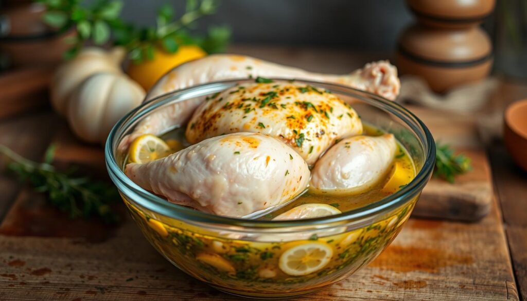 A mouthwatering chicken marinade in a rustic, earthy setting. In the foreground, a glass bowl filled with a vibrant blend of herbs, spices, and aromatic ingredients like garlic, lemon, and olive oil. The middle ground showcases a whole chicken, partially submerged in the marinade, its skin glistening with the flavorful mixture. In the background, a weathered wooden table or cutting board, adding a sense of homemade authenticity. Soft, natural lighting casts a warm glow, emphasizing the rich, appetizing hues of the marinade and the tender, juicy chicken. An inviting, homemade atmosphere that captures the essence of the "Marynata do kurczaka pieczonego w rękawie" section.