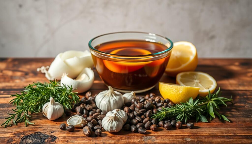 A neatly arranged collection of classic marinade ingredients on a rustic wooden surface, illuminated by warm, natural lighting. In the foreground, various herbs and spices including rosemary, thyme, garlic, and peppercorns are displayed. In the middle ground, a glass bowl filled with a rich, aromatic liquid marinade, surrounded by sliced onions and lemon wedges. The background features a neutral, textured wall, creating a simple, uncluttered composition that highlights the key elements of the perfect marinade.