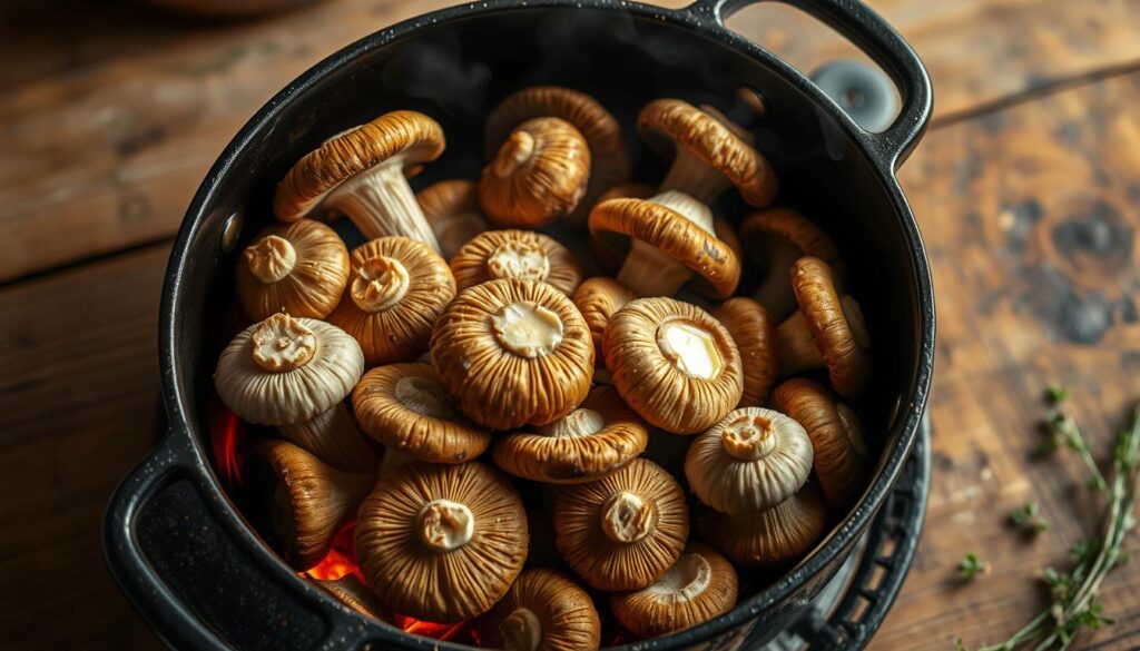 A neatly arranged selection of freshly foraged porcini mushrooms (Boletus edulis), known as "maślaki" in Polish, gently simmering in a cast-iron pot over an open flame. The mushrooms are bathed in a warm, earthy light, their caps glistening with the subtle sheen of melted butter. The scene is framed by a rustic wooden table, with a few scattered sprigs of fragrant herbs adding a touch of culinary elegance. The overall atmosphere is one of simple, honest cooking, inviting the viewer to imagine the rich, savory flavors that will emerge from this simple, yet captivating preparation.