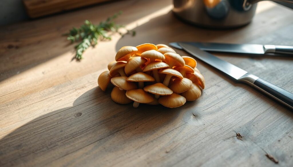 A rustic kitchen counter, its worn wooden surface bathed in soft, natural light. On the countertop, a small pile of freshly picked opieńki mushrooms, their caps gently curving and their golden-brown hues glistening. The mushrooms are the focal point, surrounded by a few simple kitchen tools - a sharp knife, a saucepan, and a few sprigs of fragrant herbs. The scene conveys a sense of culinary exploration, as if the viewer is about to embark on the task of preparing these unique mushrooms, considering whether they require cooking or can be enjoyed raw. The overall mood is one of simplicity, curiosity, and the appreciation of nature's bounty.