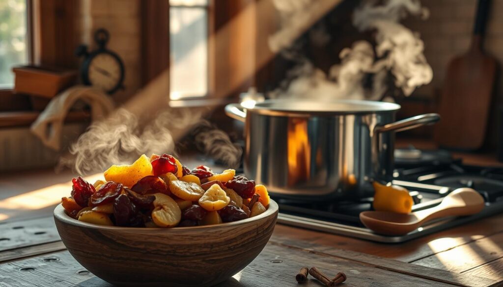 A rustic kitchen counter with a large pot simmering on the stove, steam rising gently. Ripe, plump dried fruit - apples, pears, plums - spill out of a wooden bowl, their rich hues adding warmth to the scene. Sunlight streams in through a window, casting a soft, golden glow over the proceedings. The air is thick with the comforting aroma of simmering fruit, cinnamon, and cloves. A wooden spoon rests nearby, ready to stir the bubbling compote. The overall mood is cozy, nostalgic, and evocative of traditional holiday baking.