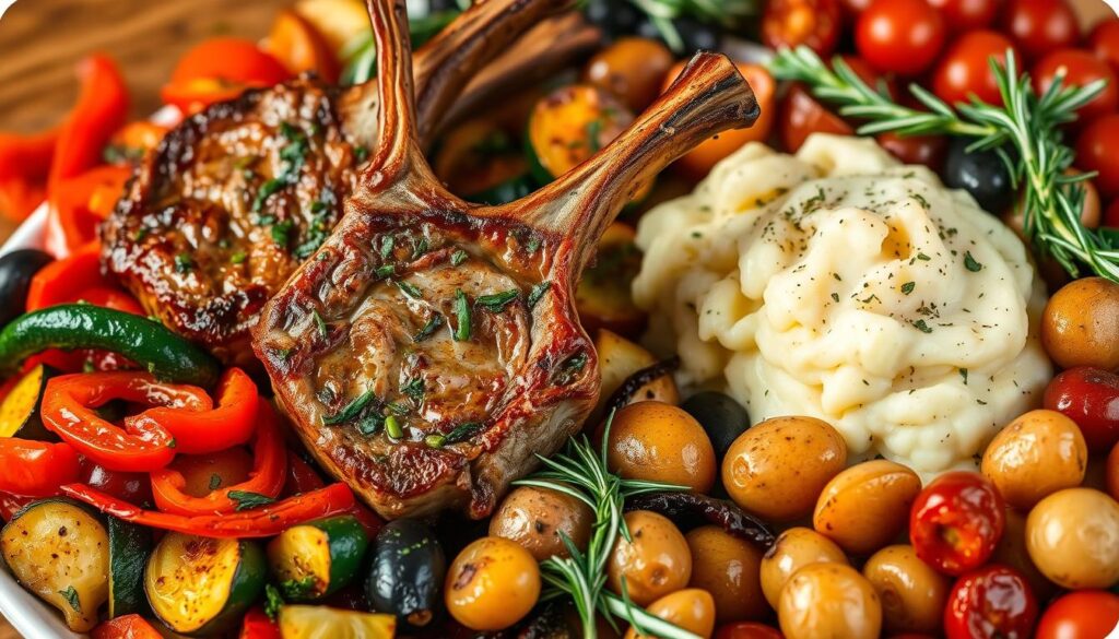 A rustic platter of roasted lamb chops, seasoned with a blend of Mediterranean herbs and spices, nestled among a selection of vibrant, complementary side dishes. In the foreground, sautéed zucchini and red bell peppers, drizzled with olive oil and sprinkled with aromatic garlic and fresh oregano. In the middle ground, a mound of creamy, fragrant lemon-garlic mashed potatoes, and a scattering of roasted baby potatoes, their crispy exteriors caramelized to a golden brown. Along the edges, a colorful array of marinated olives, sun-dried tomatoes, and fresh sprigs of rosemary, all illuminated by warm, soft lighting that casts a cozy, rustic atmosphere. A rustic platter of roasted lamb chops, seasoned with a blend of Mediterranean herbs and spices, nestled among a selection of vibrant, complementary side dishes. In the foreground, sautéed zucchini and red bell peppers, drizzled with olive oil and sprinkled with aromatic garlic and fresh oregano. In the middle ground, a mound of creamy, fragrant lemon-garlic mashed potatoes, and a scattering of roasted baby potatoes, their crispy exteriors caramelized to a golden brown. Along the edges, a colorful array of marinated olives, sun-dried tomatoes, and fresh sprigs of rosemary, all illuminated by warm, soft lighting that casts a cozy, rustic atmosphere.