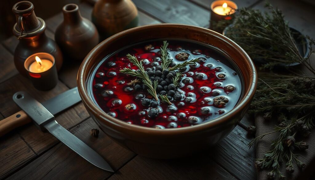 A rustic wooden table, dimly lit by flickering candlelight, holds a large ceramic bowl filled with a rich, fragrant marinade. The deep burgundy liquid swirls with fragrant sprigs of juniper, whole black peppercorns, and a medley of aromatic herbs. The bowl is surrounded by an arrangement of earthenware jugs, a weathered knife, and a bundle of wild herbs, hinting at the traditional craftsmanship behind this time-honored dish. The muted tones and chiaroscuro lighting evoke a sense of timelessness, underscoring the cultural significance of this classic marinade for venison.