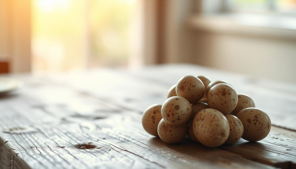 A rustic wooden table, illuminated by warm, natural lighting. In the foreground, a cluster of delicate quail eggs, their speckled shells glistening. The middle ground features a simple, minimalist backdrop, allowing the eggs to take center stage. The background hints at a tranquil, earthy setting, perhaps a kitchen garden or a sunlit window. The overall mood is one of simplicity, elegance, and a celebration of the humble yet exceptional nature of quail eggs.