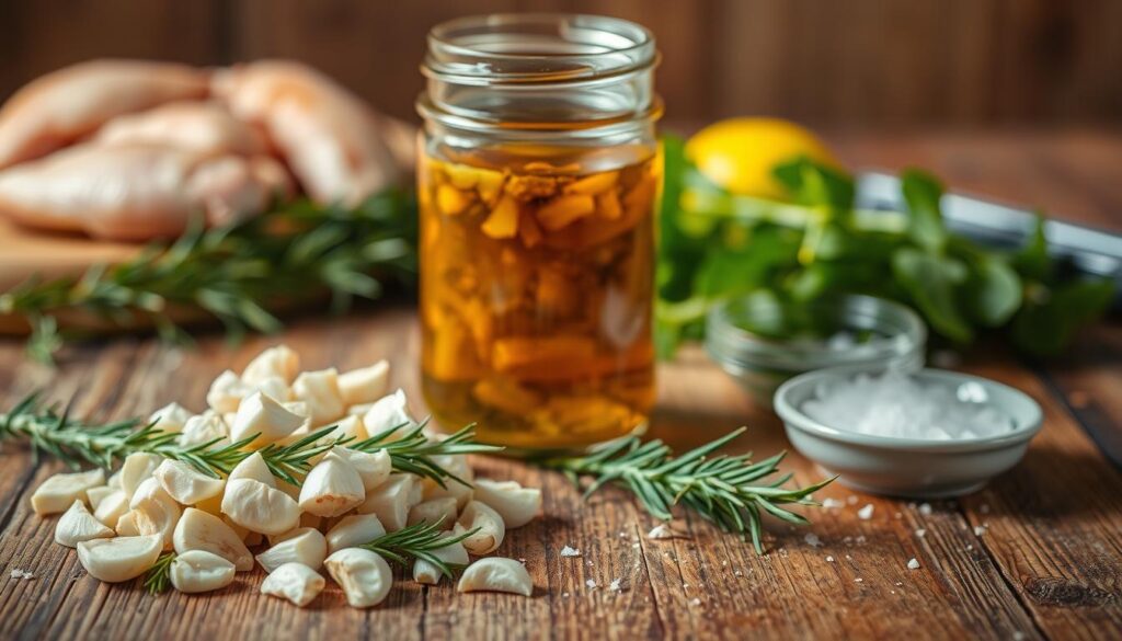 A rustic wooden table is set with an assortment of fresh ingredients for marinating chicken for skewers. In the foreground, we see a pile of crushed garlic cloves, sprigs of rosemary, and a small bowl of sea salt. In the middle ground, a glass jar containing a rich, amber-colored marinade made with olive oil, lemon juice, and fragrant spices takes center stage. The background is softly blurred, emphasizing the focus on the essential elements needed to create a flavorful chicken marinade. Soft, warm lighting casts a cozy glow over the scene, evoking the comforting preparation of a delicious home-cooked meal.