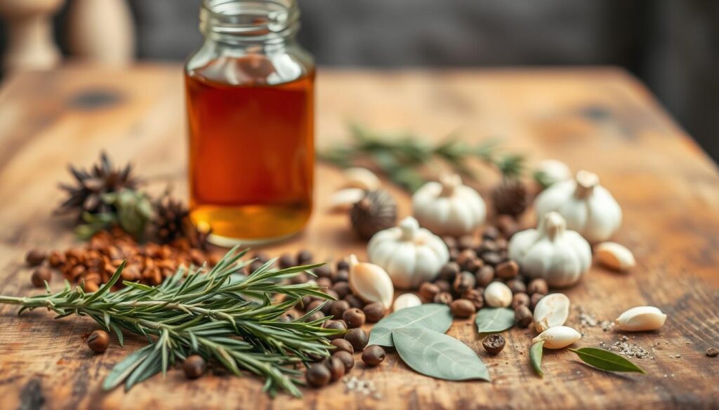 A rustic wooden table, its surface adorned with a selection of aromatic herbs, spices, and condiments - the key ingredients for a flavorful marinade for game meat. In the foreground, sprigs of rosemary, thyme, and bay leaves lay alongside peppercorns, juniper berries, and garlic cloves. In the middle ground, a glass jar filled with a deep, rich liquid, the marinade's base, casts a warm, golden glow. The background is softly blurred, allowing the viewer to focus on the carefully curated arrangement of the essential components for a delectable forest-inspired dish. The lighting is natural and diffused, creating a serene, earthy atmosphere that evokes the tranquility of the woods.