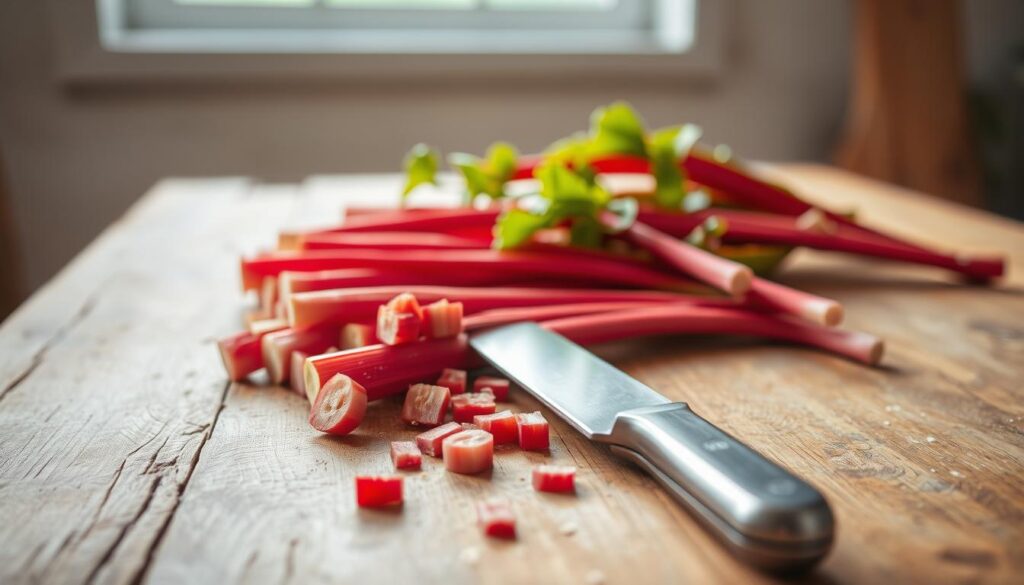 A rustic wooden table, its surface dotted with sprigs of freshly harvested rhubarb, awaiting preparation for a homemade pastry. Soft, natural daylight filters in through a nearby window, casting a warm, inviting glow over the scene. In the foreground, a chef's knife lies at the ready, poised to slice through the vibrant red stalks, their tart flavor soon to be transformed into a delectable baked treat. The background is blurred, allowing the viewer to focus on the task at hand - the decision of whether to thaw the rhubarb before incorporating it into the pastry dough. The overall mood is one of domestic tranquility and the simple pleasures of homemade baking. A rustic wooden table, its surface dotted with sprigs of freshly harvested rhubarb, awaiting preparation for a homemade pastry. Soft, natural daylight filters in through a nearby window, casting a warm, inviting glow over the scene. In the foreground, a chef's knife lies at the ready, poised to slice through the vibrant red stalks, their tart flavor soon to be transformed into a delectable baked treat. The background is blurred, allowing the viewer to focus on the task at hand - the decision of whether to thaw the rhubarb before incorporating it into the pastry dough. The overall mood is one of domestic tranquility and the simple pleasures of homemade baking.