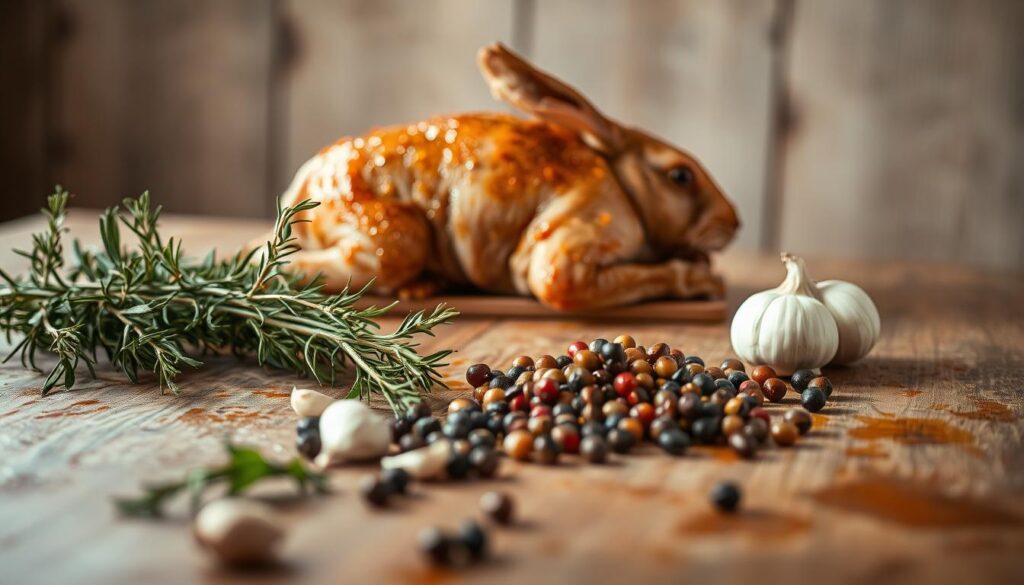 A rustic wooden table, its surface stained with the remnants of a carefully prepared marinade. In the foreground, a collection of aromatic herbs and spices - rosemary, thyme, garlic, and peppercorns - artfully arranged, their colors and textures creating a visually appealing composition. In the middle ground, a whole rabbit, its meat glistening with the marinade, ready to be slow-cooked to perfection. The background is softly blurred, creating a sense of depth and focus on the main subject. Warm, natural lighting casts subtle shadows, emphasizing the textures and highlights of the ingredients. The overall mood is one of culinary anticipation, inviting the viewer to imagine the tender, flavorful result of this carefully crafted marinade.