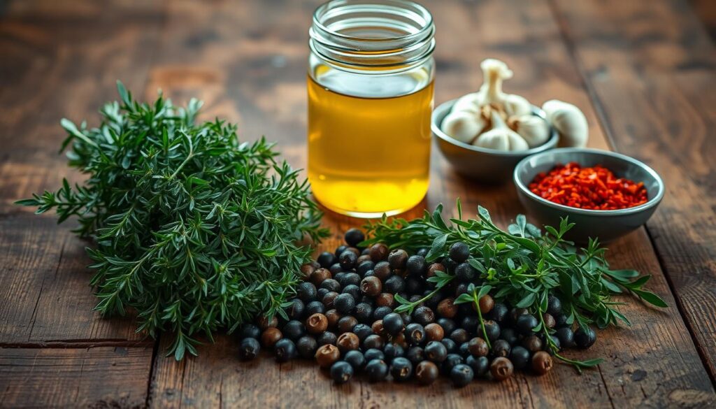 A rustic wooden table, its surface weathered and uneven, serves as the stage for an array of aromatic ingredients for a marinade. In the foreground, a pile of fresh thyme sprigs, their verdant hues contrasting against the warm, earthy tones of the table. Beside them, a handful of whole peppercorns, their dark, glistening spheres adding depth and complexity to the scene. In the middle ground, a glass jar filled with a golden, viscous liquid - likely the base of the marinade, perhaps olive oil or apple cider vinegar. Flanking the jar, small bowls hold fragrant garlic cloves and a sprinkling of crushed red pepper flakes, their vibrant colors hinting at the bold flavors to come. The lighting is soft and natural, casting gentle shadows that lend a sense of depth and dimension to the arrangement. This carefully curated still life invites the viewer to imagine the rich, savory flavors that will be imparted to the pork belly, promising a culinary experience that is both comforting and refined.