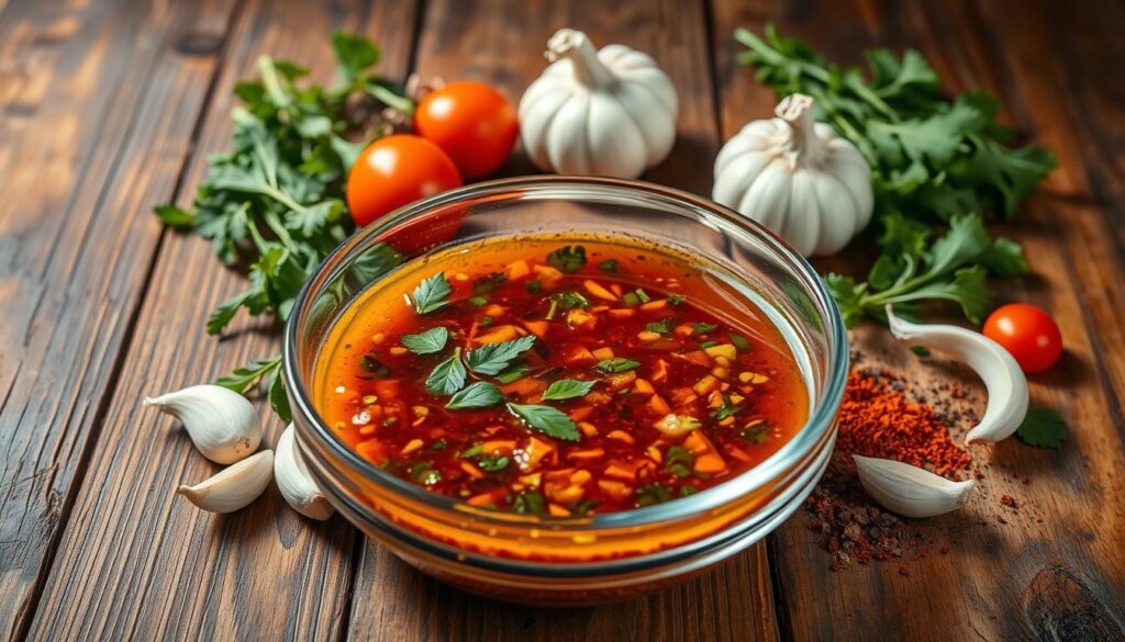 A rustic wooden table, its surface weathered and worn, serves as the backdrop for a vibrant assortment of ingredients. In the foreground, a glass bowl filled with a rich, aromatic marinade takes center stage. Fresh herbs, garlic cloves, and spices are meticulously arranged, their vibrant hues and textures creating a visually captivating composition. The lighting is soft and natural, casting gentle shadows that accentuate the depth and dimension of the scene. The overall mood is one of culinary authenticity and temptation, inviting the viewer to imagine the tender, flavorful pork chops that will emerge from this carefully crafted marinade.