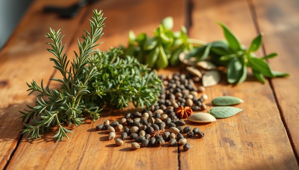 A rustic wooden table, its surface weathered and worn, serves as the backdrop for an arrangement of various alternative ingredients to vinegar. In the foreground, a selection of fresh herbs - rosemary, thyme, and oregano - stand upright, their verdant leaves casting soft shadows. In the middle ground, an array of spices - whole peppercorns, coriander seeds, and bay leaves - are scattered casually, hinting at the depth of flavor they can impart. The lighting is warm and natural, creating a cozy, inviting atmosphere that suggests the comforting experience of preparing a flavorful marinade for pork. The overall composition evokes the idea of exploring alternative options beyond the standard vinegar, encouraging the viewer to experiment and discover new ways to enhance the taste of their meat.
