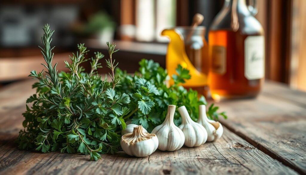 A rustic wooden table, its surface worn by time, serves as the stage for an array of alternative marinade ingredients. In the foreground, a collection of aromatic herbs - fragrant rosemary, earthy thyme, and vibrant parsley - stand tall, their verdant hues contrasting with the warm tones of the wood. Beside them, a cluster of garlic cloves, their papery skins glistening, release their pungent aroma. In the middle ground, a jar of honey and a splash of vinegar, their amber and golden hues suggesting a delicate balance of sweet and tangy. In the background, a hint of a window allows natural light to filter in, casting a soft, diffused glow over the scene, creating a sense of rustic elegance. The overall atmosphere conveys a sense of culinary exploration, inviting the viewer to imagine the mouthwatering potential of these alternative marinade ingredients.