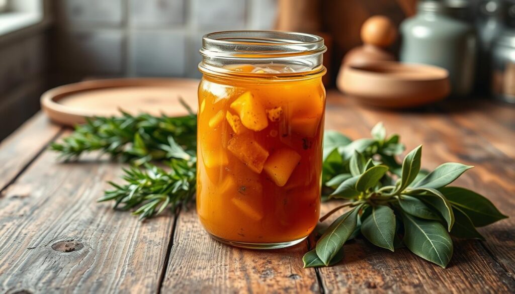 A rustic wooden table, its surface worn with time, serves as the canvas for a delectable homemade marinade. In the foreground, a glass jar filled with a rich, golden-hued liquid, its contents gently swirling, awaits to infuse the perfect blend of flavors. Surrounding the jar, an arrangement of fragrant herbs - rosemary, thyme, and bay leaves - adds depth and complexity to the composition. Soft, natural lighting casts a warm glow, highlighting the vibrant colors and creating a cozy, inviting atmosphere. In the background, a subtle hint of a kitchen setting, with muted tones and a touch of vintage charm, complements the homemade, artisanal feel of the scene.