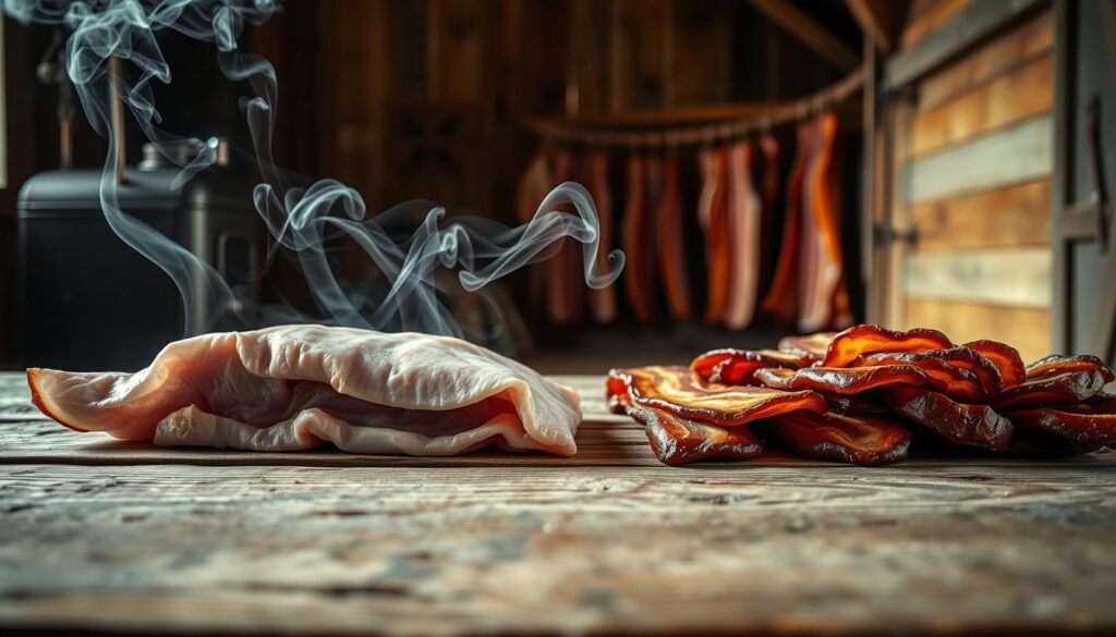 A rustic wooden table, its surface worn with time, serves as the canvas for the stages of cold-smoking bacon. In the foreground, raw pork belly glistens, ready to embark on its journey of transformation. Wispy tendrils of fragrant smoke curl and drift, escaping from an antique smoker nearby. The middle ground reveals the bacon as it slowly takes on a deep, amber hue, the result of hours spent in the smoky embrace. In the background, a weathered barn, its wooden planks evoking a sense of tradition and heritage, sets the scene for this age-old process. Soft, natural lighting casts a warm glow, enhancing the rich tones and textures of the curing meat. The overall atmosphere is one of rustic authenticity, capturing the essence of the smoker's craft and the timeless allure of handcrafted bacon.