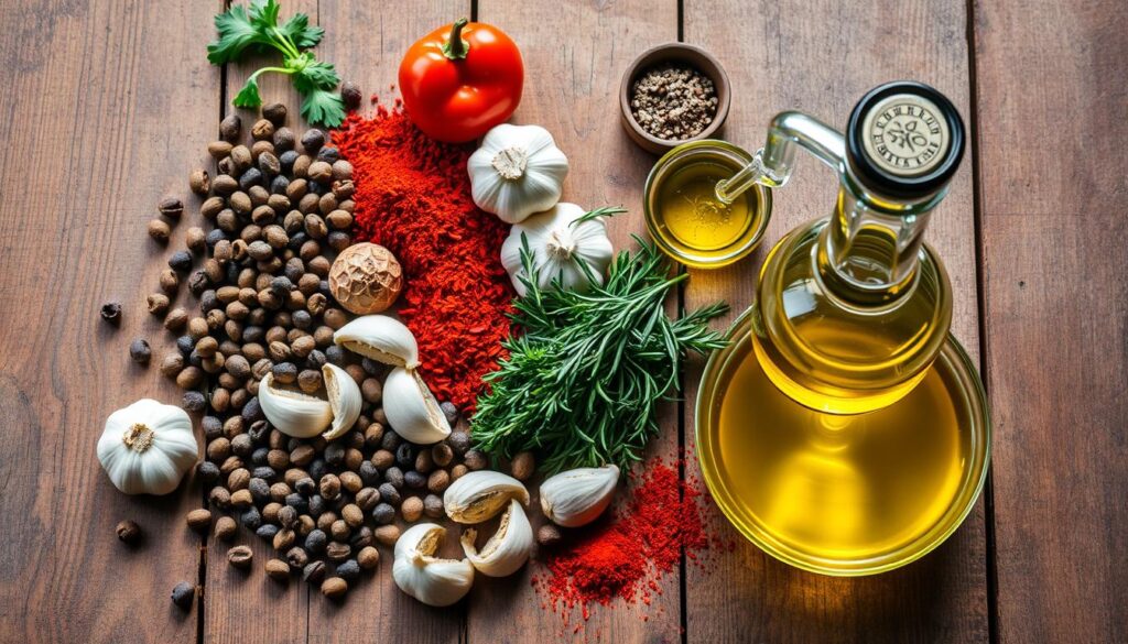 A rustic wooden table set with a collection of vibrant spices, herbs, and condiments, including peppercorns, garlic cloves, oregano, paprika, and olive oil. The arrangement is illuminated by warm, natural lighting, casting soft shadows and highlighting the textures and colors of the ingredients. The overall scene conveys a sense of culinary preparation and anticipation, setting the stage for the creation of a delicious chicken marinade.