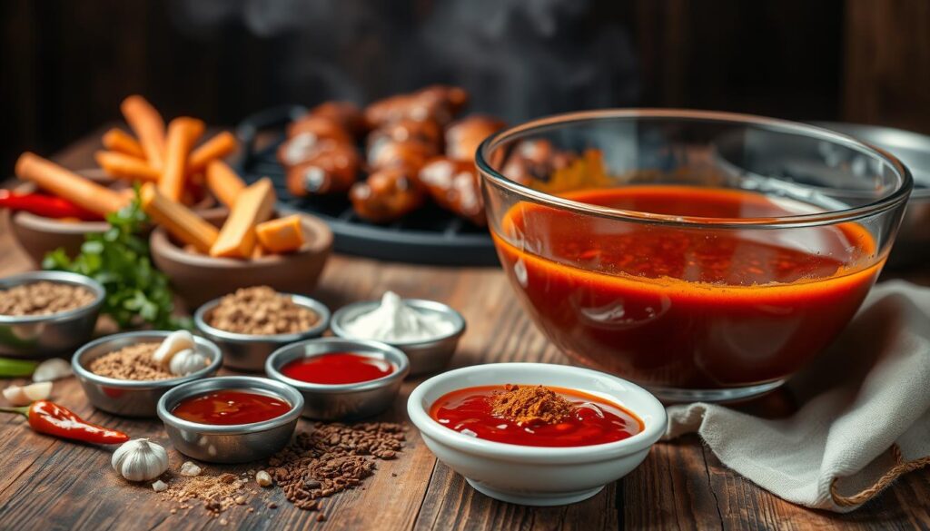 A rustic wooden table, set with a variety of tantalizing barbecue ingredients. In the foreground, an array of spices, herbs, and sauces, including chili peppers, garlic, brown sugar, and Worcestershire sauce, arranged in small bowls. In the middle ground, a large mixing bowl filled with a rich, glistening barbecue marinade, its deep red-orange hue reflecting the warm, inviting lighting. In the background, the soft, smoky silhouettes of grilled meats and vegetables, hinting at the delicious flavors to come. The overall scene radiates an atmosphere of mouthwatering anticipation, ready to inspire the perfect barbecue feast. A rustic wooden table, set with a variety of tantalizing barbecue ingredients. In the foreground, an array of spices, herbs, and sauces, including chili peppers, garlic, brown sugar, and Worcestershire sauce, arranged in small bowls. In the middle ground, a large mixing bowl filled with a rich, glistening barbecue marinade, its deep red-orange hue reflecting the warm, inviting lighting. In the background, the soft, smoky silhouettes of grilled meats and vegetables, hinting at the delicious flavors to come. The overall scene radiates an atmosphere of mouthwatering anticipation, ready to inspire the perfect barbecue feast.