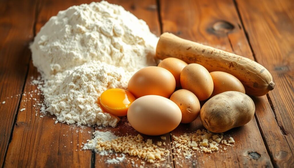 A rustic wooden table, the surface worn with the passage of time, plays host to a vibrant arrangement of the key ingredients for traditional Polish kopytka. In the foreground, a mound of freshly milled wheat flour sits alongside a clutch of farm-fresh eggs, their golden yolks gleaming. Beside them, a bundle of potatoes, their skins speckled with dirt, await peeling and grating. A dusting of nutmeg and a scattering of breadcrumbs add texture and flavor to the mise en scène. Warm, soft lighting illuminates the scene, creating an inviting and homely atmosphere, hinting at the comforting, delicious dish soon to be prepared.