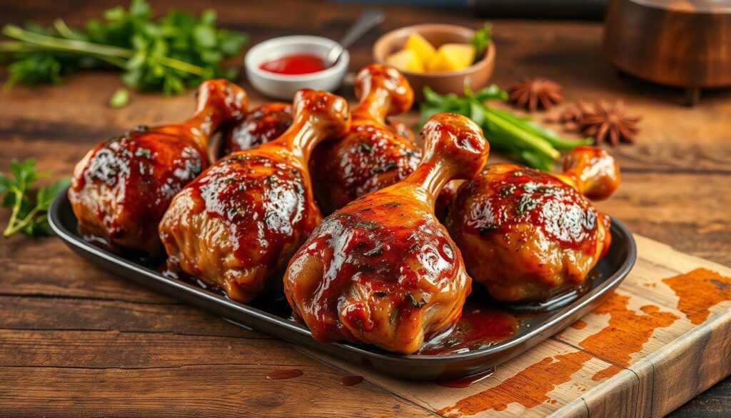A rustic wooden table with a platter of marinated chicken drumsticks, glistening with a rich, flavorful marinade. The lighting is warm and inviting, casting a soft glow over the scene. In the background, fresh herbs and spices are scattered, hinting at the aromatic blend infusing the meat. The overall composition emphasizes the tender, succulent texture of the chicken, enticing the viewer to imagine the deep, complex flavors unlocked by the marinating process. A sense of culinary craftsmanship and the rewards of patient preparation permeate the image.