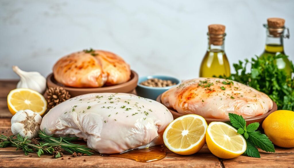 A rustic wooden table with various ingredients for a chicken marinade - fresh herbs, spices, garlic, olive oil, and lemon wedges. The ingredients are artfully arranged against a plain background, with soft, warm lighting highlighting their vibrant colors and textures. The overall scene has a cozy, homemade feel, conveying the idea of a simple yet flavorful marinade recipe. The image has a high level of detail, allowing the viewer to imagine the aroma and taste of the final dish. A rustic wooden table with various ingredients for a chicken marinade - fresh herbs, spices, garlic, olive oil, and lemon wedges. The ingredients are artfully arranged against a plain background, with soft, warm lighting highlighting their vibrant colors and textures. The overall scene has a cozy, homemade feel, conveying the idea of a simple yet flavorful marinade recipe. The image has a high level of detail, allowing the viewer to imagine the aroma and taste of the final dish.