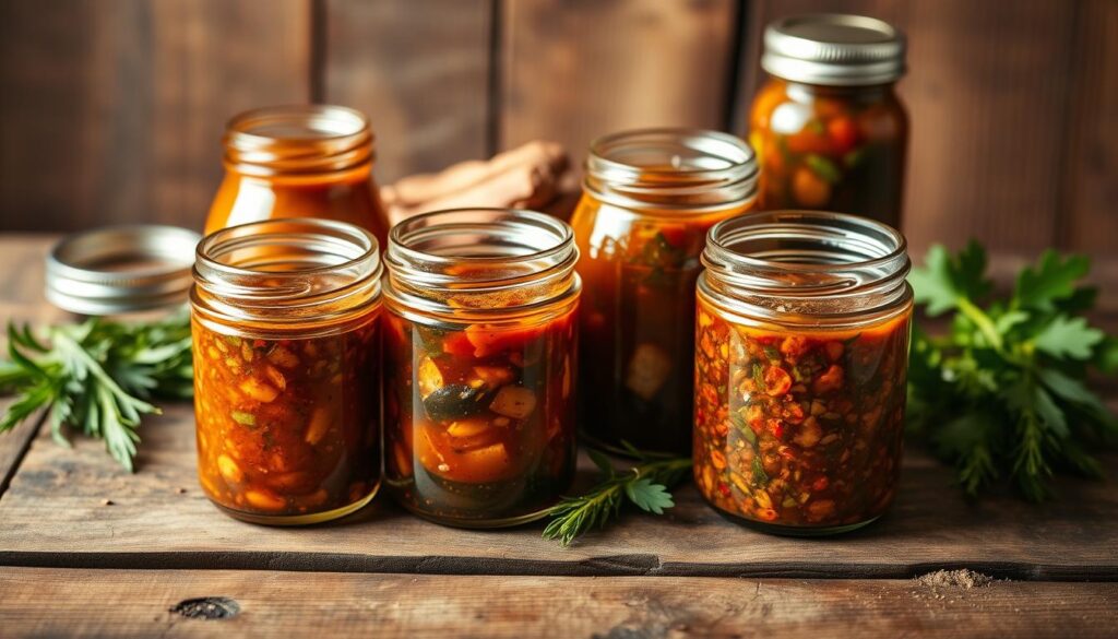 A selection of freshly prepared marinades for pork loin, arranged on a rustic wooden table. The marinades are presented in small glass jars, each containing a distinct blend of spices, herbs, and flavorful liquids. The lighting is warm and soft, highlighting the rich colors and textures of the marinades. The overall composition conveys a sense of artisanal craftsmanship and culinary expertise, inviting the viewer to imagine the delicious possibilities of these versatile condiments for grilling and everyday meals.