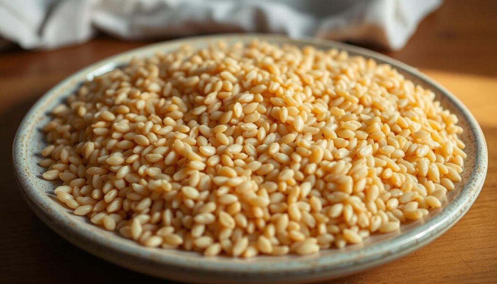 A simple, rustic-style dish of fluffy, golden-brown buckwheat grains laid out on a wooden table, illuminated by soft, natural lighting. The grains are neatly arranged, with a slight variation in texture and sheen, evoking a homemade, artisanal quality. The table is minimal, with perhaps a simple linen cloth or wooden surface, allowing the grains to be the focal point. The overall mood is warm, inviting, and showcases the inherent beauty and simplicity of perfectly cooked buckwheat groats.