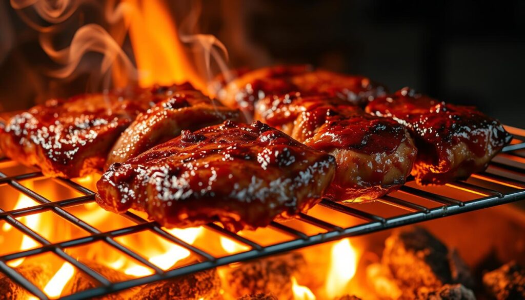 A sizzling close-up of marinated meat being roasted on a metal grate over a glowing charcoal fire. The meat is glistening with a deep reddish-brown crust, while smoke curls around it. The grate is positioned at an angle, casting dramatic shadows and highlights across the juicy cuts. Warm lighting from the flames illuminates the scene, creating a cozy, rustic atmosphere. The background is blurred, focusing the viewer's attention solely on the mouthwatering display of perfectly cooked, flavorful meat.