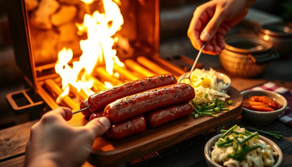 A sizzling grill set against a rustic backdrop, its flames licking the succulent grilled sausages. In the foreground, a pair of hands carefully place the glistening kielbasa onto a wooden serving platter, the aroma wafting through the air. The middle ground features an array of vibrant garnishes, such as crisp sauerkraut, tangy mustard, and fresh chives, ready to complement the smoky flavors. The scene is bathed in warm, golden lighting, casting a cozy, inviting atmosphere, as if inviting the viewer to join in the outdoor feast. The overall composition captures the joy and simplicity of serving up delectable grilled sausages, a quintessential summer delight.