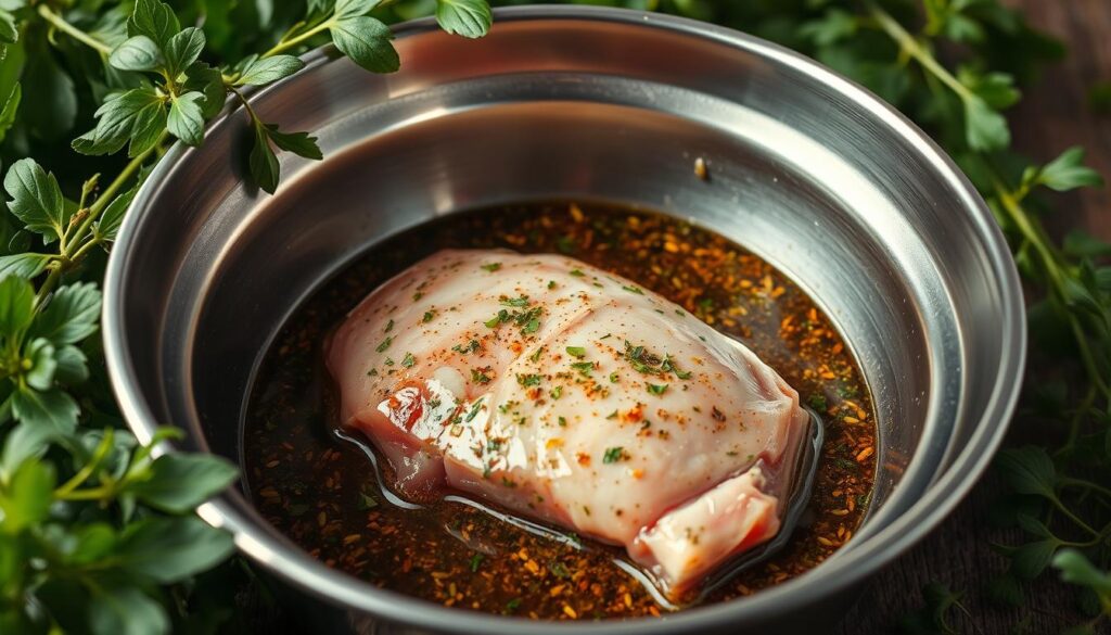 A stainless steel bowl filled with a rich, aromatic marinade, its surface glistening with herbs and spices. In the center, a thick, juicy pork shoulder cut, ready to be submerged in the flavorful liquid. Surrounding the bowl, lush green herbs, their leaves gently swaying in soft, even lighting, creating a calming, naturalistic atmosphere. The composition is shot from a low, three-quarter angle, emphasizing the textures and colors of the ingredients, inviting the viewer to imagine the tender, succulent meat that will emerge from this simple, yet effective marinating process.