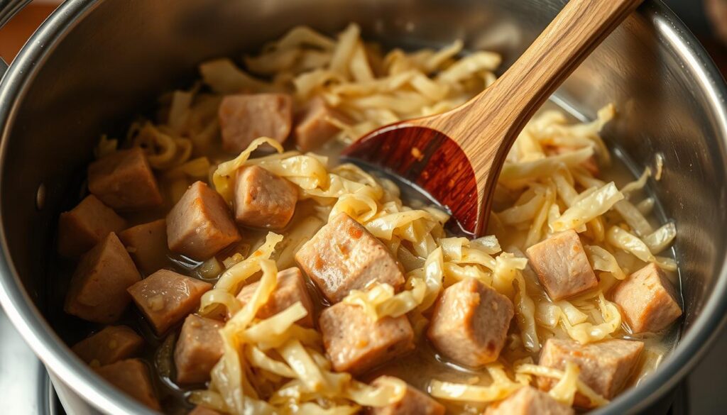 A stainless steel pot filled to the brim with simmering sauerkraut, glistening with condensation. Tender cabbage leaves, infused with the earthy aroma of caraway seeds, slowly breaking down into a rich, tangy stew. Soft, melt-in-your-mouth cubes of pork shoulder nestle among the shredded cabbage, adding a savory depth. Streamlined lighting casts a warm, golden glow over the scene, accentuating the rustic textures and deep hues. A polished wooden spoon protrudes from the pot, inviting the viewer to stir and sample this timeless Polish dish. The overall atmosphere is cozy, comforting, and evocative of a simmering family meal.