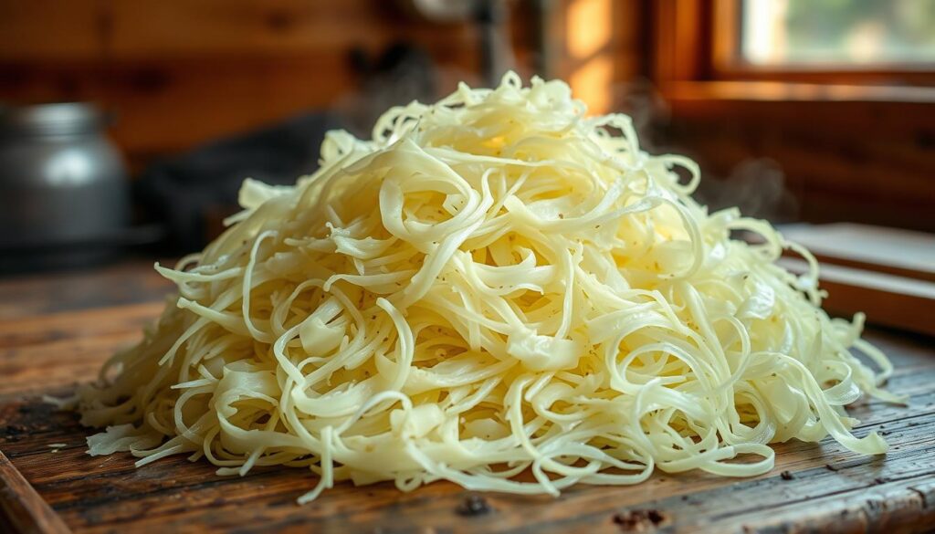 A steaming pile of sauerkraut, its delicate strands glistening with brine, rests atop a rustic wooden surface. The cabbage leaves have been slowly fermented, developing a rich, tangy flavor that is the foundation of a classic bigos stew. Gentle rays of light filter through a window, casting a warm glow on the sauerkraut and adding depth to the scene. The texture of the sauerkraut is invitingly tender, hinting at the tender, melting quality it will impart to the hearty bigos when simmered to perfection. This essential ingredient, with its unique taste and aroma, is the heart and soul of the beloved Polish dish.