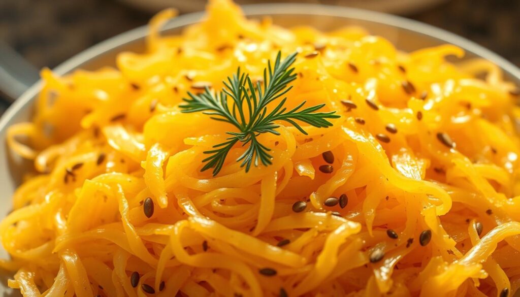 A steaming plate of sauerkraut, its vibrant hues of gold and amber catching the warm, soft lighting. The sauerkraut glistens with subtle acidity, each strand perfectly tender yet with a satisfying crunch. Garnished with a sprig of dill and a sprinkle of caraway seeds, the dish exudes an earthy, comforting aroma. Captured from a slightly elevated angle, the image invites the viewer to imagine the rich, savory flavors and the perfect pairing with hearty dishes like bigos or a nourishing soup. The scene conveys the best method for cooking sauerkraut - slow-simmered to perfection, retaining its distinctive taste and texture.