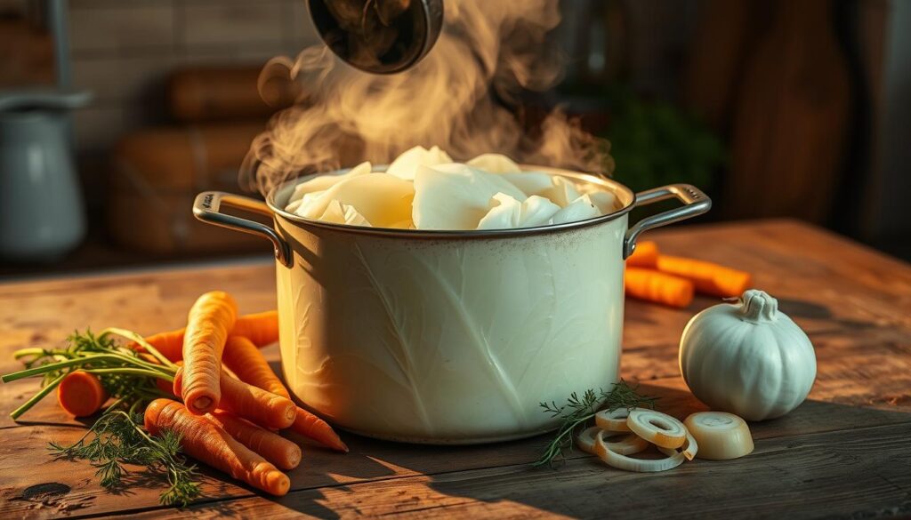 A steaming pot of boiled white cabbage sits at the center of the frame, its leaves glistening under the warm, golden light of the kitchen. The cabbage is surrounded by a handful of freshly chopped carrots, onions, and a sprinkling of dill, hinting at the aromatic flavors about to unfold. In the background, a weathered wooden table sets the scene, its surface dotted with a few cooking utensils, conveying a sense of homely, rustic comfort. The overall composition evokes the process of slow, careful preparation, capturing the essence of the prompt "Jak długo gotować kapustę".