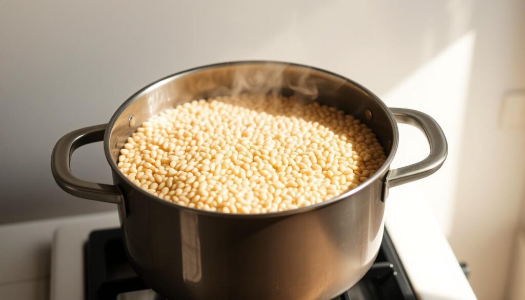 A steaming pot of mak (poppy seeds) simmering gently on a stovetop, the seeds slowly softening and releasing their aromatic oils. The pot is set against a clean, minimalist background, with soft natural lighting casting a warm glow on the scene. The mak is at the perfect stage of cooking, neither too firm nor too mushy, ready to be incorporated into a delicate pastry filling. The image conveys the care and attention required to achieve the ideal texture and flavor for this essential baking ingredient. A steaming pot of mak (poppy seeds) simmering gently on a stovetop, the seeds slowly softening and releasing their aromatic oils. The pot is set against a clean, minimalist background, with soft natural lighting casting a warm glow on the scene. The mak is at the perfect stage of cooking, neither too firm nor too mushy, ready to be incorporated into a delicate pastry filling. The image conveys the care and attention required to achieve the ideal texture and flavor for this essential baking ingredient.