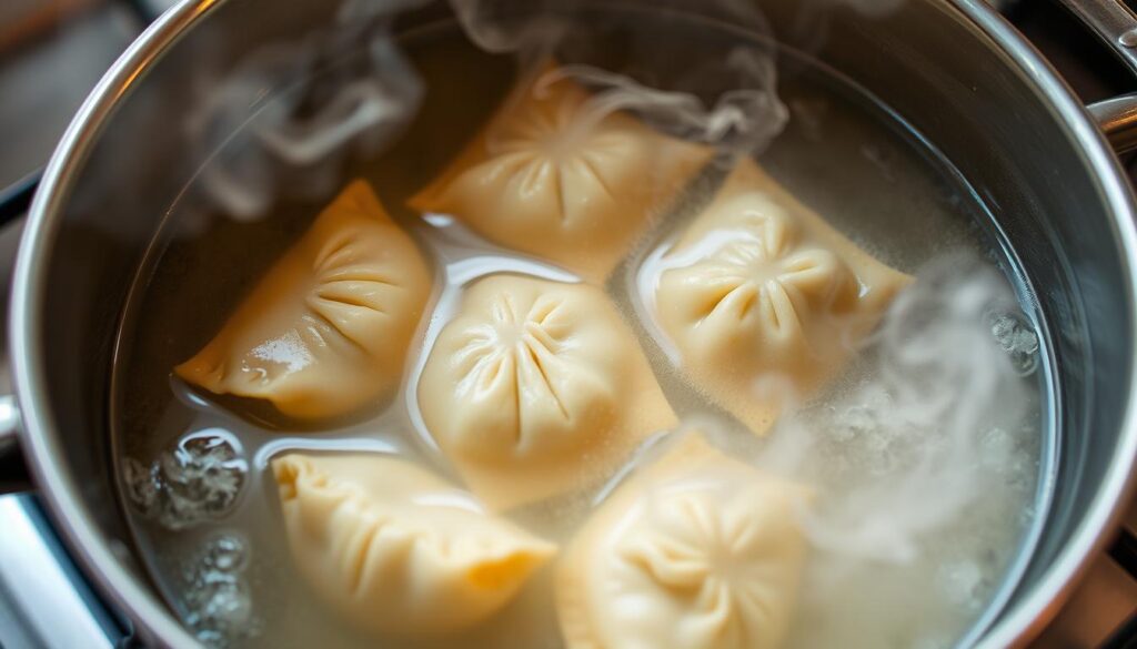 A steaming pot of water on a stove, with a handful of frozen pierogi gently floating and swirling in the bubbling liquid. The pierogi are a golden-brown color, with delicate wrinkles on their surface, hinting at their soft, pillowy texture. Wisps of steam rise from the pot, creating an inviting, homey atmosphere. The lighting is warm and natural, illuminating the scene with a cozy glow. The camera angle is slightly elevated, allowing the viewer to see the pot and its contents from an overhead perspective, as if peering into the simmering pot. The background is blurred, keeping the focus on the cooking process and the perfectly cooked pierogi.