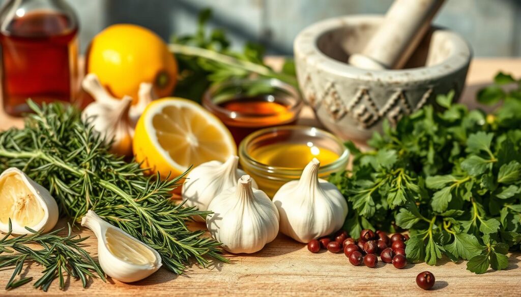 A still life composition depicting the key ingredients for a Mediterranean-inspired marinade for lamb. In the foreground, arrange a selection of fresh herbs such as rosemary, thyme, and oregano, alongside whole garlic cloves, lemon wedges, and peppercorns. In the middle ground, include a small bowl of olive oil and another of red wine vinegar. In the background, place a mortar and pestle, hinting at the process of grinding and blending the marinade. The lighting should be natural and warm, casting soft shadows and highlighting the textures of the various elements. The overall mood is one of rustic simplicity and Mediterranean culinary tradition. A still life composition depicting the key ingredients for a Mediterranean-inspired marinade for lamb. In the foreground, arrange a selection of fresh herbs such as rosemary, thyme, and oregano, alongside whole garlic cloves, lemon wedges, and peppercorns. In the middle ground, include a small bowl of olive oil and another of red wine vinegar. In the background, place a mortar and pestle, hinting at the process of grinding and blending the marinade. The lighting should be natural and warm, casting soft shadows and highlighting the textures of the various elements. The overall mood is one of rustic simplicity and Mediterranean culinary tradition.