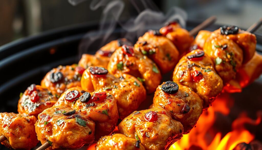 A succulent, golden-brown chicken marinade grilled to perfection, glistening with a blend of aromatic herbs, spices, and tangy citrus. The chicken skewers sizzle over an open flame, casting a warm, rustic glow across the scene. In the background, a charcoal grill emits wisps of smoke, while the foreground showcases the marinade's vibrant colors and textures. The image conveys a mouthwatering, homemade quality, inviting the viewer to savor the flavors of this classic grilled chicken marinade.