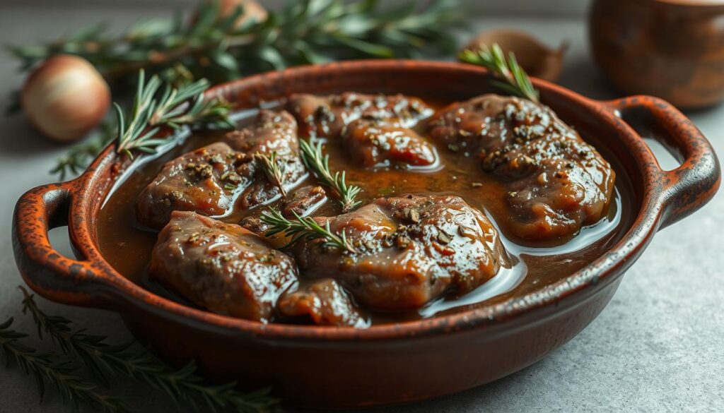 A succulent lamb marinade simmers in a rustic earthenware dish, surrounded by aromatic herbs and spices. The marinade glistens with a deep amber hue, infused with the robust flavors of garlic, rosemary, and thyme. A gentle play of warm lighting casts soft shadows, highlighting the textural details of the dish. In the background, a neutral backdrop allows the marinade to take center stage, inviting the viewer to imagine the tender, flavorful lamb that will emerge from this aromatic preparation.