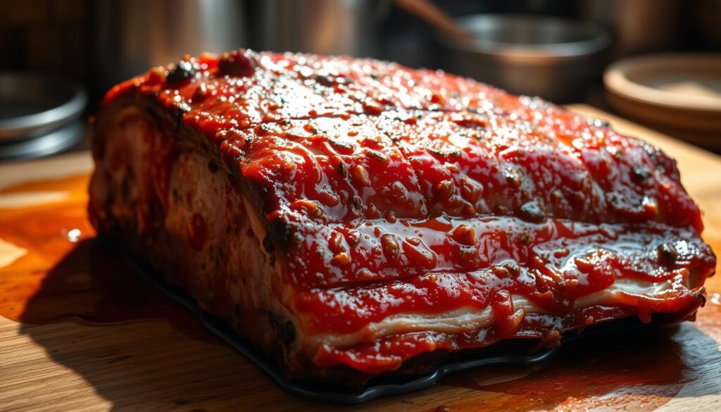 A succulent pork belly glistening with a thick, flavorful marinade, casting warm shadows in a cozy, rustic kitchen. The marinade's rich hues and vibrant aromatics evoke the depth of its seasoning - a blend of aromatic spices, tangy vinegar, and savory umami notes. The pork's surface shows the marinade's penetration, promising tender, juicy meat beneath a crisp, caramelized crust. Soft, diffused lighting illuminates the scene, heightening the appetizing appeal and conveying the importance of this essential preparation step for achieving the perfect roasted pork belly.
