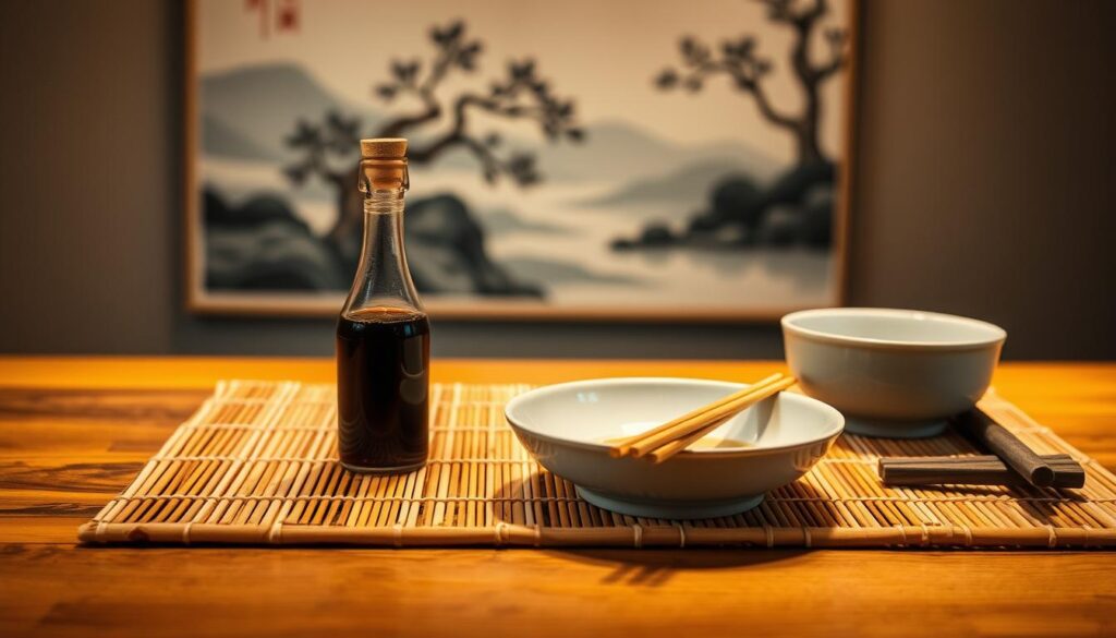 A traditional Japanese-style table setting with a bamboo mat, ceramic dishes, chopsticks, and a soy sauce bottle on a wooden surface. Warm, diffused lighting illuminates the scene, casting gentle shadows and highlighting the natural textures. In the background, a blurred, minimalist Asian-inspired landscape painting or wall hanging adds an atmospheric touch. The overall composition conveys a sense of tranquility, balance, and the fusion of Eastern and Western culinary influences. A traditional Japanese-style table setting with a bamboo mat, ceramic dishes, chopsticks, and a soy sauce bottle on a wooden surface. Warm, diffused lighting illuminates the scene, casting gentle shadows and highlighting the natural textures. In the background, a blurred, minimalist Asian-inspired landscape painting or wall hanging adds an atmospheric touch. The overall composition conveys a sense of tranquility, balance, and the fusion of Eastern and Western culinary influences.