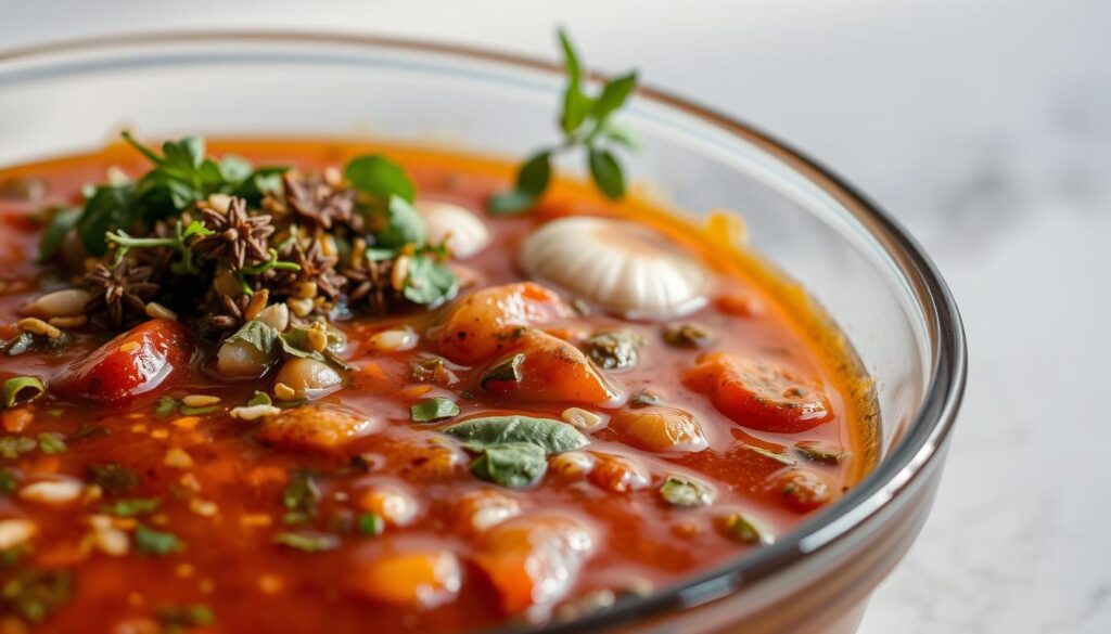 A traditional marinade for various meats, glistening in a glass bowl. In the foreground, a blend of fresh herbs, garlic, and aromatic spices. The middle ground showcases the rich, reddish-brown marinade, its viscosity hinting at the complex flavors it will impart. In the background, a neutral backdrop allows the vibrant colors and textures to take center stage. Soft, natural lighting casts gentle shadows, creating depth and depth of field. The overall mood is one of culinary anticipation, inviting the viewer to imagine the tender, flavorful meat that will emerge from this classic marinade. A traditional marinade for various meats, glistening in a glass bowl. In the foreground, a blend of fresh herbs, garlic, and aromatic spices. The middle ground showcases the rich, reddish-brown marinade, its viscosity hinting at the complex flavors it will impart. In the background, a neutral backdrop allows the vibrant colors and textures to take center stage. Soft, natural lighting casts gentle shadows, creating depth and depth of field. The overall mood is one of culinary anticipation, inviting the viewer to imagine the tender, flavorful meat that will emerge from this classic marinade.