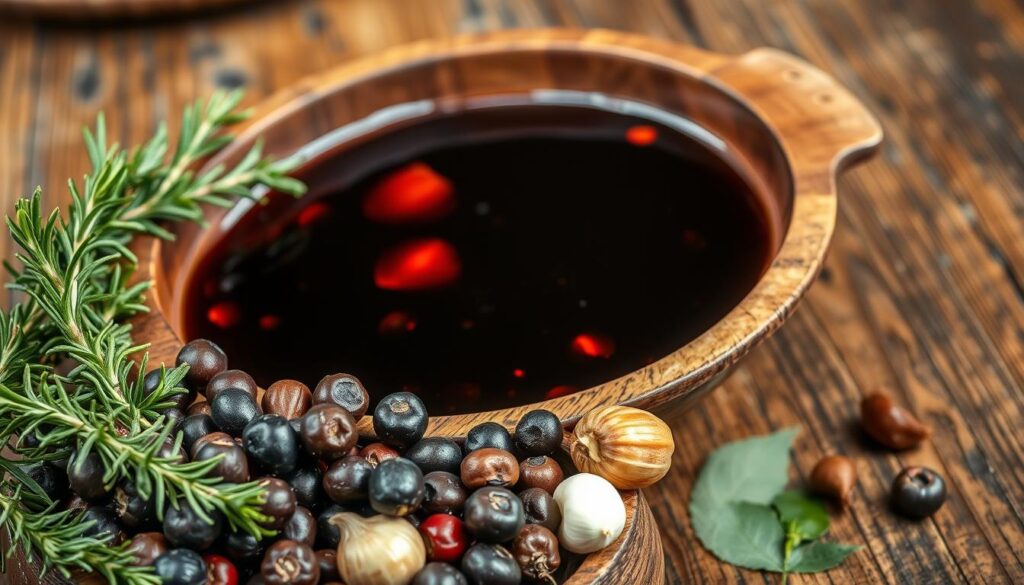A traditional marinade for wild boar, showcased in a rustic wooden bowl. In the foreground, a mix of juniper berries, whole peppercorns, and sprigs of thyme, rosemary, and bay leaves. The middle ground features a rich, dark red wine, glistening with hints of garlic and onion. The background is a weathered wooden table, softly lit by warm, natural lighting, evoking the comforting atmosphere of an old-world kitchen. The overall composition conveys the timeless, homemade nature of this classic wild boar marinade recipe.
