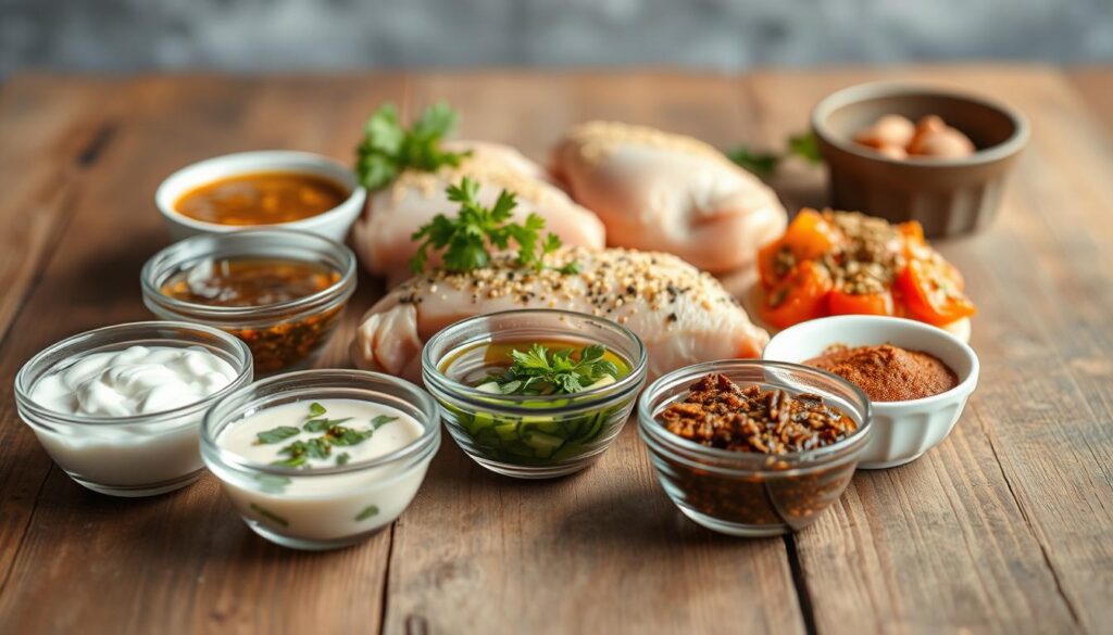A variety of marinades for chicken, artfully arranged on a rustic wooden surface. In the foreground, several small bowls filled with diverse marinades - tangy yogurt-based, aromatic herb-infused, and savory spice-blended concoctions. The middle ground showcases chicken thighs and breasts, ready to be submerged in the flavorful marinades. In the background, a soft, diffused light illuminates the scene, creating a warm, inviting atmosphere. Subtle shadows and highlights accentuate the textures and colors of the ingredients, conveying the depth and complexity of the marinades. The overall composition evokes a sense of culinary creativity and the promise of a delicious, flavorful chicken dish.