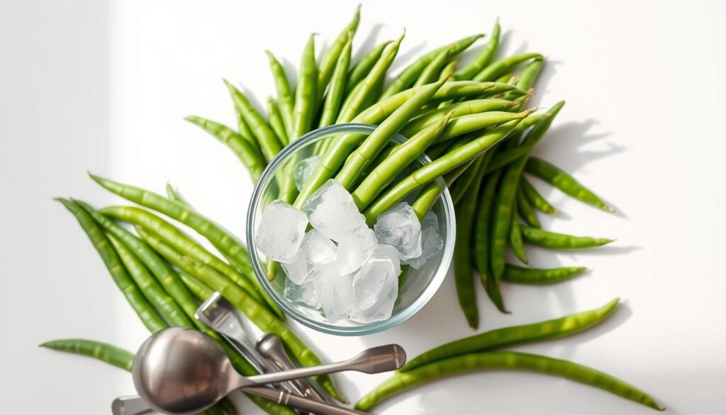 A vibrant display of freshly picked green beans, neatly arranged on a crisp white background. The beans are flawless, their slender forms casting delicate shadows. Soft, natural lighting bathes the scene, accentuating the vivid hues and glossy textures. In the foreground, a glass bowl filled with ice curates the perfect conditions for preserving the beans' flavor and crunch. Surrounding the bowl, a collection of stainless steel kitchen utensils, meticulously placed to suggest the process of freezing these verdant spears. The overall composition exudes a sense of culinary expertise, inviting the viewer to imagine the optimal methods for freezing these prized spears of summer.